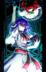 Rule 34 | 1girl, alice margatroid, alternate hair color, blue hair, book, bow, capelet, hair bow, hairband, magic circle, oso (toolate), polearm, puppet strings, red eyes, red hair, shanghai doll, spear, touhou, weapon