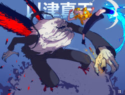 Rule 34 | 2boys, alternate form, artist name, beard, bird legs, black shirt, blonde hair, claws, clenched hands, facial hair, fighting, goatee, headphones, highres, long hair, long nose, male focus, marcus mars, mazaochizao, midair, monster boy, multiple boys, mustache, navel, no pupils, one piece, sanji (one piece), shirt, short hair, size difference, two-tone wings, white hair, wings, yellow shirt