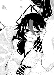 Rule 34 | 1girl, ahoge, arm rest, arrow (symbol), bed, bed sheet, blanket, blush, clenched teeth, collarbone, computer, cone horns, dutch angle, greyscale, hair between eyes, hand rest, hand up, highres, himajin noizu, horns, indoors, kijin seija, long sleeves, looking at viewer, lying, monitor, monochrome, multicolored hair, nose blush, on bed, on side, pajamas, pillow, pov, scowl, sharp teeth, short hair, sleepwear, solo, streaked hair, sweat, teeth, touhou, under covers, upper body