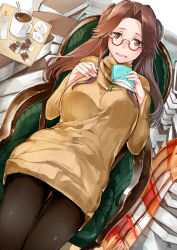 Rule 34 | 1girl, :d, alternate costume, bespectacled, black thighhighs, book, brown eyes, brown hair, glasses, half updo, highres, holding, holding book, iapoc, jintsuu (kancolle), kantai collection, long hair, long sleeves, open mouth, red-framed eyewear, sitting, smile, solo, sweater, thighhighs, yellow sweater