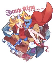 Rule 34 | 1boy, 1girl, armor, babe (jump king), blonde hair, blue eyes, boots, bracelet, brown footwear, brown gloves, cape, carrying, copyright name, crown, dress, full armor, gloves, high heels, humibun74, jewelry, jump king, jump king (character), long hair, one eye closed, outline, princess carry, red cape, red dress, red footwear, short sleeves, white outline