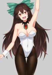 Rule 34 | 1girl, :d, absurdres, alternate costume, arm up, armpits, bare arms, bare shoulders, blush, bow, breasts, brown hair, brown pantyhose, cleavage, collarbone, commentary request, covered navel, cowboy shot, detached collar, gluteal fold, green bow, grey background, hair between eyes, hair bow, head tilt, highres, large breasts, leotard, long hair, open mouth, pantyhose, playboy bunny, red eyes, reiuji utsuho, revision, simple background, smile, solo, standing, thighs, touhou, very long hair, wing collar, wrist cuffs, wuwusan