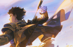 Rule 34 | alzi xiaomi, arm up, armor, arrow (projectile), black cape, black hair, black jacket, cape, claude von riegan, earrings, fire emblem, fire emblem: three houses, fire emblem warriors: three hopes, gloves, highres, holding, holding arrow, jacket, jewelry, looking away, nintendo, outdoors, parted lips, pauldrons, profile, quiver, short hair, shoulder armor, single earring, single pauldron, smile, upper body, white gloves