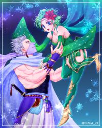 Rule 34 | 1boy, 1girl, aged up, blue eyes, breasts, cape, cleavage, closed mouth, earrings, edward geraldine, final fantasy, final fantasy iv, green hair, hair ornament, highres, inaba tomoe, jewelry, long hair, medium breasts, nail polish, ninja, open mouth, rydia (ff4), short hair, simple background, smile, snowflakes, star (symbol), star earrings, sword, thighhighs, weapon, white hair