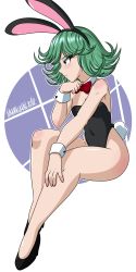 Rule 34 | 1girl, absurdres, animal ears, bare legs, bare shoulders, blush, breasts, closed mouth, collar, covered navel, curly hair, curvy, danmakuman, dated, fake animal ears, fake tail, female focus, full body, green eyes, green hair, high heels, highleg, highleg leotard, highres, legs, leotard, one-punch man, playboy bunny, profile, rabbit ears, rabbit tail, serious, short hair, sitting, small breasts, solo, strapless, tail, tatsumaki, thighs, transparent background, wrist cuffs