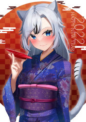 Rule 34 | 1girl, 2022, absurdres, alcohol, animal ears, black hair, blue eyes, blue kimono, blush, checkered background, chinese zodiac, closed mouth, commentary request, cup, egasumi, floral print, happy new year, highres, holding, holding cup, japanese clothes, kimono, long hair, long sleeves, looking at viewer, multicolored hair, new year, obi, original, print kimono, red background, sakazuki, sake, sash, seele0907, seigaiha, silver hair, smile, solo, streaked hair, tail, tiger ears, tiger girl, tiger tail, two-tone hair, upper body, wide sleeves, year of the tiger, yukata