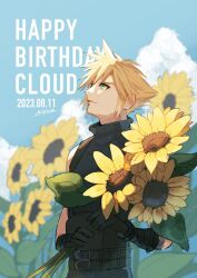 Rule 34 | 1boy, bare shoulders, belt, black gloves, blonde hair, blue eyes, blue sky, blue sweater, blurry, blurry background, closed mouth, cloud, cloud strife, cloudy sky, commentary request, dated, earrings, final fantasy, final fantasy vii, final fantasy vii remake, flower, gloves, happy birthday, highres, holding, holding flower, jewelry, looking up, male focus, multiple belts, nishikida, outdoors, ribbed sweater, short hair, signature, sky, sleeveless, sleeveless turtleneck, solo, spiked hair, stud earrings, sunflower, suspenders, sweater, turtleneck, turtleneck sweater, upper body