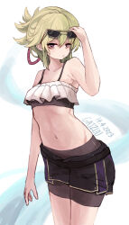 Rule 34 | 1girl, absurdres, bare arms, bare shoulders, black shorts, camisole, commentary, cowboy shot, crop top, eyewear on head, gaizuu, genshin impact, green hair, hand up, highres, kuki shinobu, looking at viewer, midriff, navel, purple eyes, short hair, shorts, solo, spaghetti strap, standing, stomach, sunglasses, thighs, white background