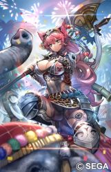Rule 34 | 1girl, animal ears, aqua eyes, armor, axe, battle axe, breasts, character request, cleavage, company name, copyright notice, hand on own chest, headband, hitowa, holding, holding axe, kneeling, large breasts, leotard, long hair, official art, on one knee, pink hair, sega, skirt, solo, weapon