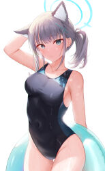 Rule 34 | 1girl, absurdres, animal ear fluff, animal ears, black one-piece swimsuit, blue archive, blue eyes, breasts, competition swimsuit, covered navel, cross hair ornament, extra ears, grey hair, hair ornament, halo, highres, innertube, looking at viewer, low ponytail, mean (kkwer30), medium breasts, medium hair, mismatched pupils, multicolored clothes, multicolored swimsuit, official alternate costume, one-piece swimsuit, shiroko (blue archive), shiroko (swimsuit) (blue archive), simple background, solo, standing, swim ring, swimsuit, white background, wolf ears