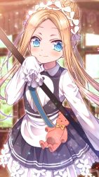 Rule 34 | 1girl, abigail williams (fate), abigail williams (festival outfit) (fate), apron, black skirt, blonde hair, blue eyes, bow, butterfly hair ornament, fate/grand order, fate (series), hair ornament, heroic spirit chaldea park outfit, highres, holding, key, long hair, looking at viewer, maid, maid apron, maid headdress, official alternate costume, orange bow, parted bangs, sakura tsubame, skirt, sleeves past fingers, sleeves past wrists, smile, stuffed animal, stuffed toy, teddy bear
