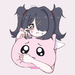 Rule 34 | 1girl, ame-chan (needy girl overdose), artist name, black eyes, black hair, cat, closed mouth, commentary request, crying, crying with eyes open, emoji, frown, hair ornament, hair over one eye, hand on own face, hand up, hugging object, long hair, looking at viewer, needy girl overdose, osaru (stfuosaru), pien cat (needy girl overdose), pillow, pillow hug, pleading face emoji, solo, tears, twintails, upper body, wiping tears, x hair ornament