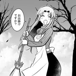 Rule 34 | 1girl, :d, apron, blush, braid, broom, cloud, commentary request, closed eyes, fate/stay night, fate (series), greyscale, highres, holding, holding broom, long hair, long sleeves, medea (fate), monochrome, open mouth, outdoors, pointy ears, rasupekuto, ribbed sweater, side braid, skirt, smile, solo, speech bubble, sweater, translation request, tree, turtleneck, turtleneck sweater