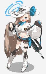 Rule 34 | 1girl, absurdly long hair, alternate costume, amonitto, ass, assault rifle, asuna (blue archive), bandana, belt, black shorts, black thighhighs, blue archive, blue eyes, boots, breasts, bridal garter, brown hair, bullpup, collared shirt, cowboy boots, cowboy shot, cutoffs, earrings, famas, full body, gun, gun sling, hair over one eye, halo, handgun, highres, holding, holding gun, holding weapon, holster, jacket, jewelry, long hair, long sleeves, looking at viewer, medium breasts, midriff, navel, off shoulder, open mouth, revolver, rifle, shirt, shorts, smile, solo, standing, star (symbol), star earrings, thighhighs, tied shirt, torn clothes, torn shorts, very long hair, weapon, white background, white footwear, white headwear, white jacket, white shirt