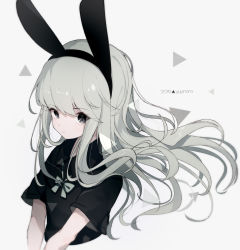 Rule 34 | 1girl, 2019, animal ears, black hairband, black shirt, bow, captain yue, closed mouth, collared shirt, cropped torso, fake animal ears, green bow, grey background, grey eyes, grey hair, hairband, long hair, looking at viewer, original, rabbit ears, shirt, short sleeves, solo, twitter username, upper body, wide sleeves