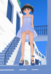 Rule 34 | 1girl, :o, arms behind back, black eyes, black hair, blue dress, blue footwear, blue sky, building, clear sky, cleft of venus, day, dress, gluteal fold, high heels, highres, looking at viewer, maburu (lojyq1eur3e8bit), no panties, open mouth, original, outdoors, pussy, shadow, short dress, short hair, sky, solo, spaghetti strap, standing, sundress, twintails, wind, wind lift