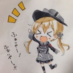 Rule 34 | &gt; &lt;, 10s, 1girl, :d, anchor hair ornament, arm up, bad id, bad twitter id, black skirt, blonde hair, blush, chibi, darkside, closed eyes, hair ornament, hair ribbon, hat, kantai collection, long hair, long sleeves, marker (medium), military, military uniform, miniskirt, open mouth, peaked cap, pleated skirt, prinz eugen (kancolle), ribbon, skirt, smile, solo, traditional media, twintails, uniform