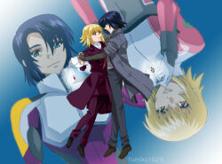 Rule 34 | 1boy, 1girl, artist name, athrun zala, black footwear, blonde hair, blue hair, cagalli yula athha, couple, formal, fumiko (mesushi), green eyes, grey jacket, grey shirt, gundam, gundam seed, gundam seed freedom, holding hands, interlocked fingers, jacket, jewelry, looking at another, necklace, pant suit, pants, pilot suit, red tie, ring, rotational symmetry, shirt, smile, suit, yellow eyes