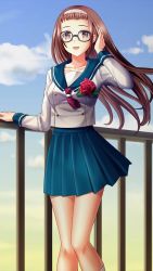 Rule 34 | 1girl, :d, black-framed eyewear, blue sailor collar, blue skirt, blue sky, brown eyes, brown hair, cloud, collarbone, collared shirt, day, doukyuusei 2, doukyuusei another world, floating hair, flower, game cg, glasses, hairband, hand in own hair, long hair, long sleeves, looking at viewer, miniskirt, mizuno tomomi, official art, open mouth, outdoors, pleated skirt, red flower, red rose, rose, sailor collar, sailor shirt, school uniform, shirt, skirt, sky, smile, solo, standing, very long hair, white hairband, white shirt