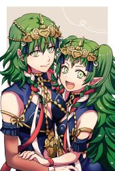 Rule 34 | 2girls, braid, breasts, byleth (female) (fire emblem), byleth (fire emblem), cleavage, closed mouth, cosplay, dress, f ico e, fang, fire emblem, fire emblem: three houses, green eyes, green hair, hair ornament, highres, long hair, medium hair, multiple girls, nintendo, open mouth, pointy ears, side braid, smile, sothis (fire emblem), sothis (fire emblem) (cosplay), tiara, twin braids, twitter username, upper body