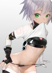 Rule 34 | 1girl, absurdres, arm belt, bandaged arm, bandages, black panties, clothes lift, facial scar, fate/apocrypha, fate/grand order, fate (series), fingerless gloves, gloves, green eyes, highres, hip bones, jack the ripper (fate/apocrypha), lowleg, lowleg panties, mouth pull, navel, nyatabe, panties, panty pull, scar, scar across eye, scar on cheek, scar on face, shirt, short hair, shoulder tattoo, simple background, solo, standing, t-shirt, tattoo, thighhighs, underwear, white background, white hair, white shirt