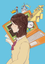 Rule 34 | 1girl, brown hair, castle, clock, computer, crown, from side, laptop, long sleeves, looking ahead, medium hair, oversized object, sailor collar, school uniform, simple background, sitting, sitting on stairs, solo focus, stairs, standing, tagme, taro.y