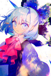 Rule 34 | 1girl, ascot, black vest, blouse, blue bow, blue eyes, blue hair, bow, cirno, collared shirt, commentary, expressionless, hair between eyes, hair bow, hinasumire, long sleeves, looking at viewer, puffy long sleeves, puffy sleeves, red ascot, shirt, short hair, signature, solo, touhou, upper body, vest, white shirt