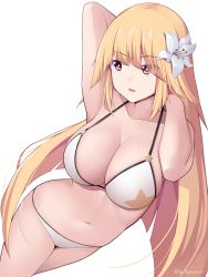 Rule 34 | 1girl, bare arms, bare legs, bare shoulders, befu, bikini, blonde hair, breasts, brooklyn (kancolle), cleavage, collarbone, flower, hair flower, hair ornament, highres, kantai collection, large breasts, long hair, navel, open mouth, red eyes, simple background, solo, swimsuit, twitter username, white background, white bikini, white flower