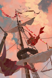 Rule 34 | 1boy, absurdres, awanqi, bird, blue sky, boat, brown hair, cloud, flock, highres, looking up, male focus, mast, original, outdoors, rigging, seagull, ship, sitting, sky, string of flags, watercraft, watermark, web address