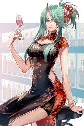 Rule 34 | 1girl, :d, absurdres, arknights, black shorts, breasts, china dress, chinese clothes, cleavage cutout, clothing cutout, cup, dress, floral print, green hair, green nails, hair between eyes, hair ornament, highres, holding, holding cup, horns, hoshiguma (arknights), large breasts, long hair, looking at viewer, nail polish, open mouth, pelvic curtain, ponytail, shorts, side cutout, sidelocks, single horn, sitting, skin-covered horns, smile, solo, stool, tarutaru yamaoka, two-tone dress