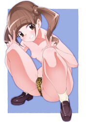 Rule 34 | 1girl, animal print, bad id, bad pixiv id, blue background, breasts, brown eyes, brown footwear, brown hair, brown panties, commentary, crotch seam, double v, full body, grin, healin&#039; good precure, highres, hiramitsu hinata, leaning forward, leopard print, loafers, looking at viewer, medium hair, miyagoe yoshitsuki, nipples, panties, precure, print panties, shoes, small breasts, smile, socks, solo, squatting, topless, twintails, underwear, underwear only, v, white socks