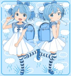 Rule 34 | 1girl, :o, absurdres, ahoge, artist name, backpack, bag, blue background, blue bag, blue border, blue eyes, blue footwear, blue hair, blue headwear, blue ribbon, blue theme, blue thighhighs, border, bow, checkered clothes, child, cloud, cloud hair ornament, collar, collared dress, commentary, dot nose, dress, dress ribbon, fang, flat chest, floating clothes, floating hair, frilled collar, frills, from side, hair bow, highres, holding strap, light blue hair, light blush, long hair, looking at viewer, looking back, mary janes, multiple views, nagomurasan, open mouth, original, rain, randoseru, ribbon, shoes, short sleeves, short twintails, shoulder strap, sidelocks, smile, solo, splashing, standing, standing on one leg, striped clothes, striped thighhighs, symbol-only commentary, thighhighs, twintails, victory pose, water drop hair ornament, white dress, white thighhighs, zettai ryouiki