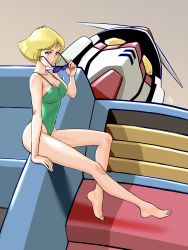 Rule 34 | aobito sukoyaka bystander, barefoot, blonde hair, blue eyes, bob cut, breasts, brown background, cleavage, covered erect nipples, unworn eyewear, from side, green one-piece swimsuit, gundam, highres, holding, holding removed eyewear, looking at viewer, mecha, medium breasts, mobile suit, mobile suit gundam, one-piece swimsuit, parted bangs, retro artstyle, robot, rx-78-2, sayla mass, science fiction, short hair, sitting, sunglasses, swept bangs, swimsuit, v-fin, yellow eyes