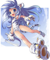 Rule 34 | 1girl, alternate color, animal ears, animal hands, animal print, blue eyes, blue hair, cham cham, full body, gloves, katahira masashi, long hair, matching hair/eyes, one-piece swimsuit, paw gloves, paw shoes, samurai spirits, school swimsuit, shoes, snk, solo, swimsuit, tail, tiger print