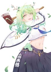 Rule 34 | 1girl, absurdres, artist request, axe, blood, blood on clothes, blood on face, braid, branch, ceres fauna, green hair, groin, highres, holocouncil, hololive, hololive english, horns, leaf, long skirt, looking at viewer, medium hair, navel, skirt, stomach, virtual youtuber, wavy hair, white background, yandere, yandere trance, yellow eyes