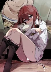 Rule 34 | 1girl, aftersex, bar censor, blush, censored, condom, cum, doll, feet out of frame, female focus, hug, hugging doll, hugging object, indoors, kusugi tai, long hair, looking at viewer, makise kurisu, panties around leg, pussy, red hair, solo, steam, steins;gate, tagme, upa (steins;gate), used condom