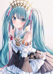 Rule 34 | 1girl, :o, aqua eyes, aqua hair, arm support, bare shoulders, blush, breasts, commentary request, cowboy shot, crown, detached sleeves, dot nose, dress, frilled skirt, frills, hair ribbon, hatsune miku, highres, jimmy madomagi, layered skirt, long hair, long sleeves, looking at viewer, medium breasts, parted lips, puffy sleeves, red ribbon, ribbon, simple background, skirt, solo, striped ribbon, vocaloid, white background, white dress, white ribbon