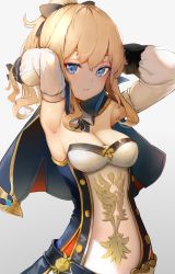 Rule 34 | 1girl, absurdres, adjusting hair, armpits, arms up, blonde hair, blue eyes, bow, breasts, capelet, cleavage, detached sleeves, genshin impact, gloves, hair bow, half-closed eyes, highres, hukahire0120, jean (genshin impact), long sleeves, looking at viewer, medium breasts, parted lips, ponytail, sleeveless, solo, strapless, upper body