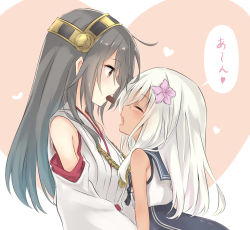 Rule 34 | 10s, 2girls, azuuru (azure0608), bad id, bad pixiv id, bare shoulders, blush, brown eyes, closed eyes, crop top, detached sleeves, flower, grey hair, hair flower, hair ornament, hairband, haruna (kancolle), headgear, highres, kantai collection, long hair, mouth hold, multiple girls, neckerchief, nontraditional miko, open mouth, ro-500 (kancolle), sailor collar, school uniform, simple background, tan, white hair, yuri