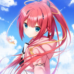 Rule 34 | 1girl, black shirt, blue sky, braid, cariboy, closed mouth, cloud, cloudy sky, day, high ponytail, hood, hood down, hooded jacket, horns, jacket, kamiyama shiki, long hair, looking at viewer, looking to the side, outdoors, pink jacket, ponytail, red hair, shirt, sky, smile, solo, summer pockets, upper body, very long hair
