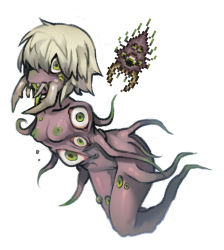 Rule 34 | 1girl, amputee, breasts, colored nipples, commentary, eater of souls, eldritch abomination, english commentary, eyeball, fangs, green hair, looking at viewer, monster girl, nipples, nude, nyong nyong, personification, reference inset, short hair, simple background, small breasts, solo, spikes, terraria, white background