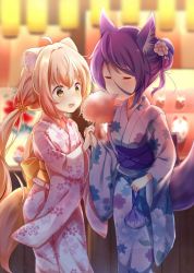 Rule 34 | 2girls, animal ear fluff, animal ears, bad id, bad pixiv id, blurry, blurry background, brown hair, commentary request, cotton candy, depth of field, eating, closed eyes, floral print, flower, food, fox ears, fox girl, fox tail, hair bun, hair flower, hair ornament, holding, holding food, japanese clothes, kimono, konohana kitan, long hair, long sleeves, low twintails, market stall, multiple girls, night, obi, open mouth, outdoors, pink flower, pink kimono, print kimono, purple hair, sash, satsuki (konohana kitan), single hair bun, standing, stick jitb, tail, twintails, very long hair, white kimono, wide sleeves, yellow eyes, yuzu (konohana kitan)