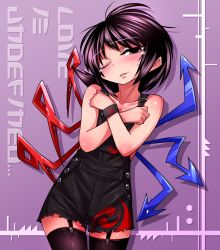 Rule 34 | 1girl, adapted costume, asymmetrical wings, bare arms, bare shoulders, black eyes, black hair, black overalls, black thighhighs, blue wings, blush, breasts, cleavage, clenched hands, collarbone, commentary request, cowboy shot, crossed arms, cutoffs, garter straps, head tilt, houjuu nue, looking at viewer, naked overalls, one eye closed, overalls, parted lips, purple background, red wings, shadow, shimizu pem, short hair, smile, solo, standing, thighhighs, thighs, touhou, wings, wrist cuffs, zettai ryouiki