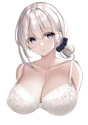 Rule 34 | 1girl, absurdres, bra, breasts, cleavage, closed mouth, collarbone, commentary request, cropped torso, dated commentary, eyes visible through hair, hair ornament, hair scrunchie, highres, lace, lace-trimmed bra, lace trim, large breasts, lingerie, looking at viewer, muka tsuku, original, scrunchie, silver hair, simple background, smile, solo, underwear, white background, white bra