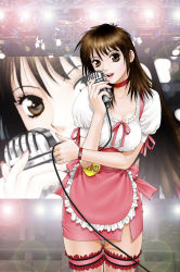 Rule 34 | 1girl, apron, blurry, bokeh, breasts, brown eyes, brown hair, collar, depth of field, female focus, highres, large breasts, bridal garter, lens flare, long hair, microphone, open mouth, original, ribbon, skirt, smile, stage lights, thigh strap, waitress, yui toshiki, zoom layer