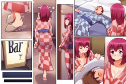 Rule 34 | 1girl, ass, bed sheet, blush, breasts, cleavage, close-up, closed mouth, drunk, closed eyes, feet, from behind, full body, futon, glasses, hoshizora ikuyo, husband and wife, indoors, japanese clothes, large breasts, legs, light, lying, mature female, outstretched arms, pillow, pink hair, precure, purple eyes, sequential, short hair, shrine (artist), sign, sleeping, smile, smile precure!, snoring, standing, thighs, walking, wide sleeves