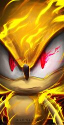 Rule 34 | 1boy, aloneflaver, artist name, flaming eyes, highres, looking at viewer, red eyes, solo focus, sonic (series), sonic the hedgehog, super sonic, upper body, watermark