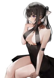 Rule 34 | 1girl, arm support, armlet, black dress, black hair, bow, breasts, cleavage, criss-cross halter, dress, earrings, from side, halter dress, halterneck, hand on own neck, haori io, highres, jewelry, looking to the side, medium breasts, original, ponytail, purple eyes, sidelocks, simple background, sitting, solo, triangle earrings, white background, white bow