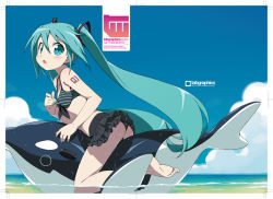 Rule 34 | 1girl, :o, ass, barefoot, bikini, bikini skirt, day, front-tie top, green eyes, green hair, hatsune miku, inflatable orca, inflatable toy, kanzaki hiro, long hair, looking back, matching hair/eyes, ocean, orca, outdoors, skirt, solo, striped bikini, striped clothes, swimsuit, twintails, very long hair, vocaloid, water