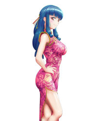 Rule 34 | 1girl, absurdres, appare-ranman!, blue hair, blunt bangs, brown eyes, china dress, chinese clothes, dress, earrings, hair ornament, hand on own hip, highres, jewelry, jing xia lian, long hair, pink dress, shibakarisena, sidelocks, simple background, solo, standing, stud earrings, unmoving pattern, white background
